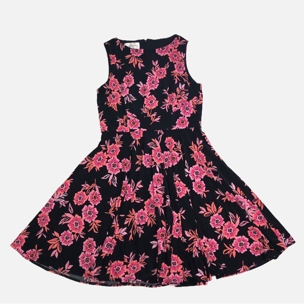 Kentucky Derby Dress Size 10 Pink Floral Black Midi Stretchy Knit Fit Flare